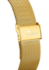 Chaine de montre en mailles dorées avec un motif texturé et un fermoir portant le logo "LOTUS". Finition métallique lisse et longueur ajustable.