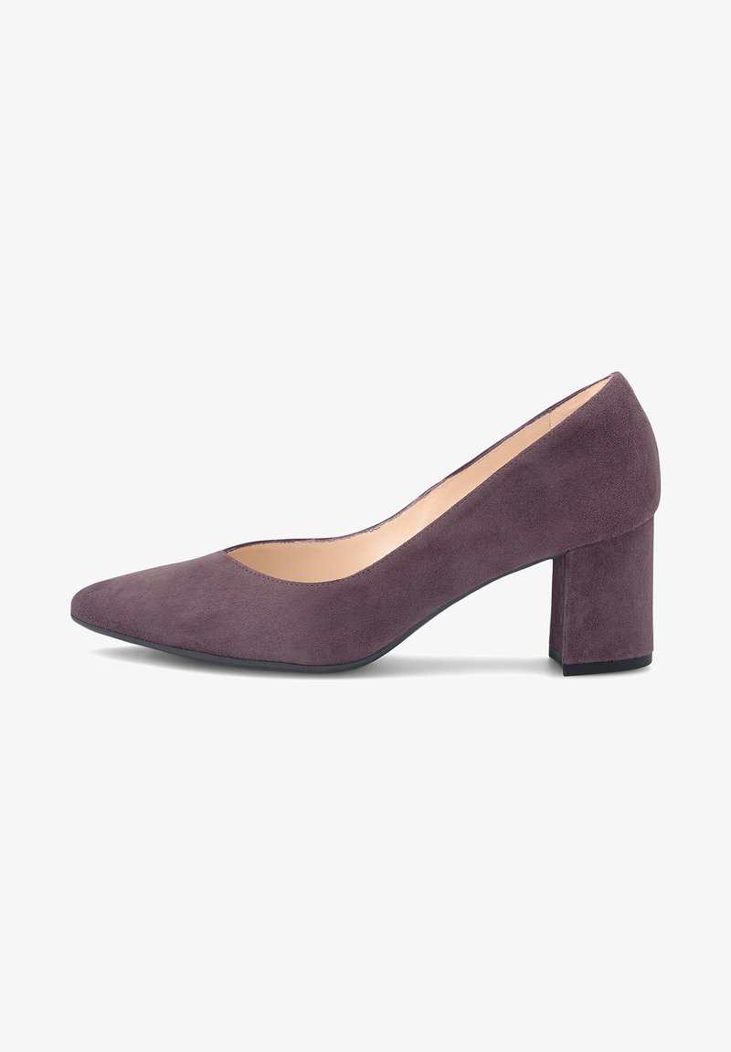 Escarpin pour femme en daim violet avec bout pointu et talon bloc, présenté en vue latérale sur fond blanc.