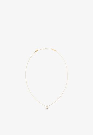 Delicate gold chain necklace with a single small white pearl pendant centered on a white background.