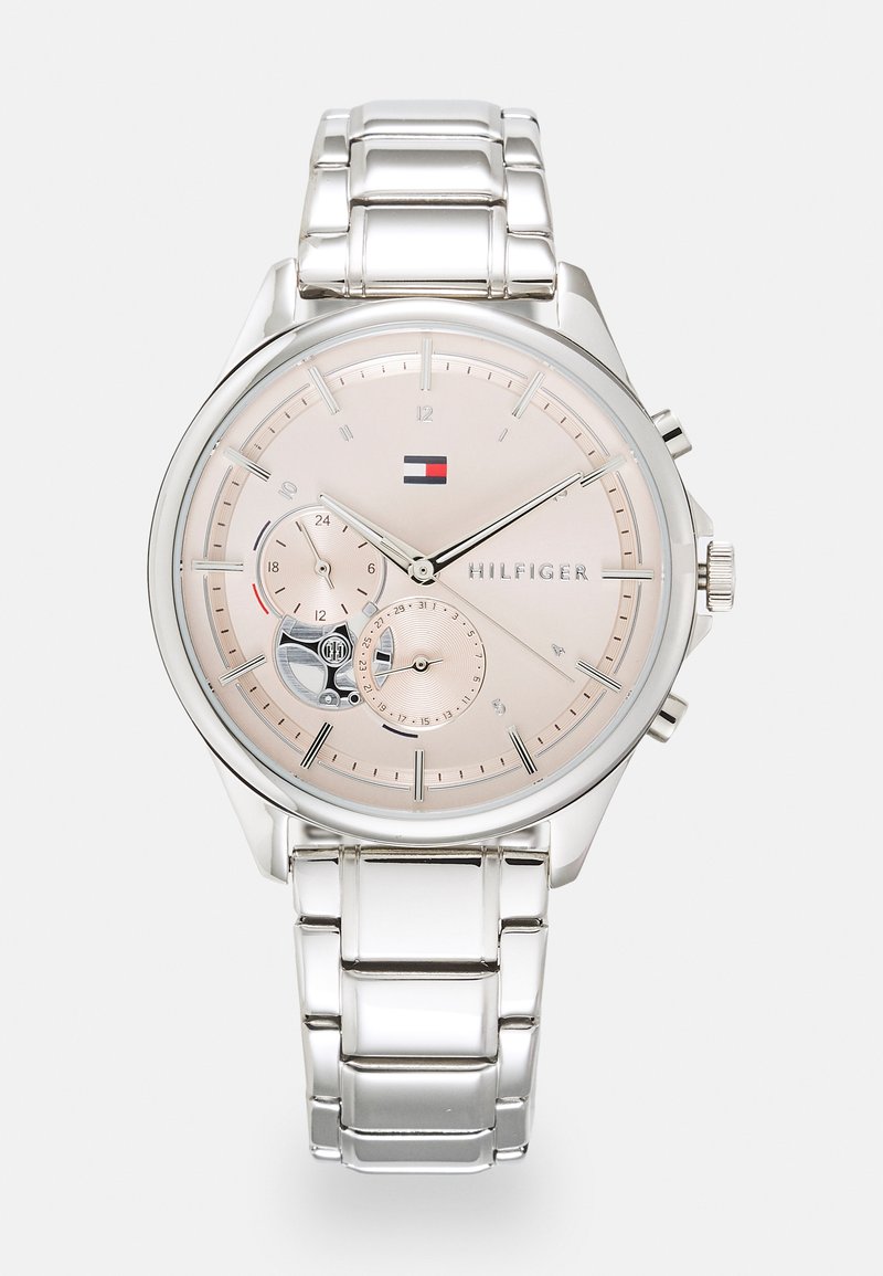 Silver stainless steel watch with a pale pink dial, featuring two sub-dials, raised hour markers, and a link bracelet. Logo displayed on dial.