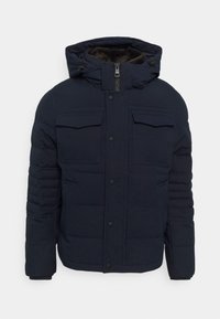 Granatowa kurtka puchowa z kapturem, posiadająca dwie kieszenie z klapkami, zapięcie na zamek błyskawiczny oraz poziomą pikowaną teksturę dla izolacji.