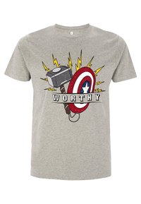 Grå bomulds-T-shirt med et grafisk motiv af en hammer og skjold, med ordet "WORTHY" fremhævet i sort på et banner.