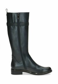 Botte noire en cuir jusqu'aux genoux avec une texture lisse, fermeture éclair sur le côté, et un petit talon avec un accent métallique brillant à la base.