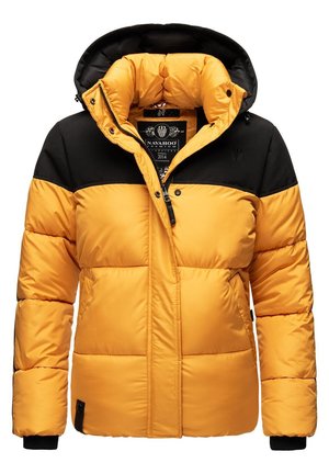 Doudoune jaune et noire avec capuche, présentant des sections cousues, des poches avant et une étiquette de marque à l'intérieur. Tissu durable.