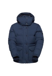 Mörkblå pufferjacka med hög krage, huva, tryckknappsstängning, två framfickor och elastiska ärmslut för värme.