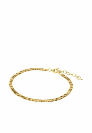 Cienka bransoletka z łańcuszka w kolorze złotym o plecionym wzorze, z okrągłym zapięciem sprężynowym i regulowanymi ogniwami przedłużającymi.