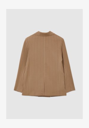 Blazer marron à rayures avec un col, des manches longues et une fente simple à l'arrière. Le tissu semble lisse et structuré.