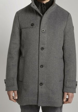 Man wearing a mid-length grey wool coat with button closure, flap pockets, and adjustable cuffs over a black zip-up sweater.