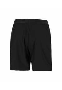 Bermudas deportivas negras con una cintura elástica. Hechas de una tela ligera, con una textura suave y sin patrones ni detalles visibles.
