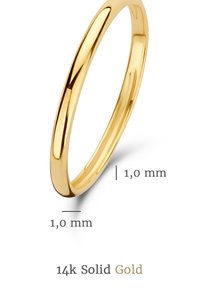 Anello in oro solido 14k, largo 1,0 mm, con superficie liscia e arrotondata e finitura lucida. Il colore è oro giallo brillante.