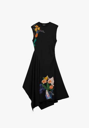 Sleeveless black dress with asymmetrical hem and vibrant floral prints in orange, green, and blue, featuring handwritten text accents.