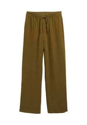 Olivgrüne, weit geschnittene Hose aus strukturiertem Stoff mit elastischem Bund und Kordelzug. Einfaches Design, keine sichtbaren Muster oder Akzente.