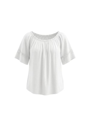 Witte blouse met korte mouwen, elastische ronde halslijn en kantdetail op de mouwen, met een losse, gestructureerde stof.