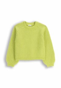 Jasnozielony krótki sweter z teksturowanym splotem, z ribbowanymi mankietami i dołem, okrągłym dekoltem i rękawami raglanowymi.