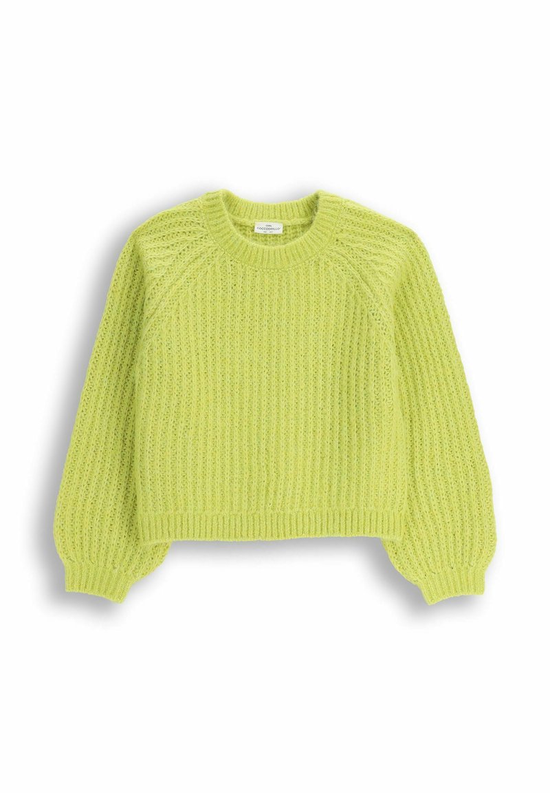 Jasnozielony krótki sweter z teksturowanym splotem, z ribbowanymi mankietami i dołem, okrągłym dekoltem i rękawami raglanowymi.