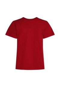 Red cotton t-shirt with short sleeves, a crew neck, and a smooth texture. The back is plain with no visible graphics or designs.