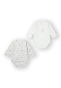 Dos bodies de manga larga: uno blanco con diseño de conejito y texto, otro gris con patrones divertidos y detalles coloridos. Material de algodón.