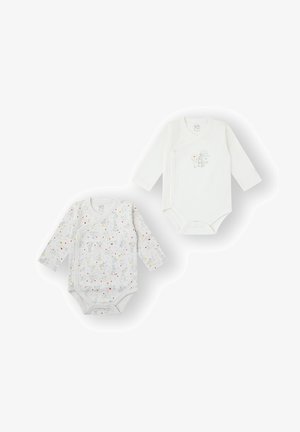Dos bodies de manga larga: uno blanco con diseño de conejito y texto, otro gris con patrones divertidos y detalles coloridos. Material de algodón.