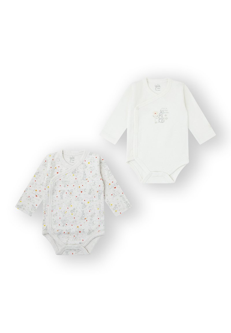 Dos bodies de manga larga: uno blanco con diseño de conejito y texto, otro gris con patrones divertidos y detalles coloridos. Material de algodón.