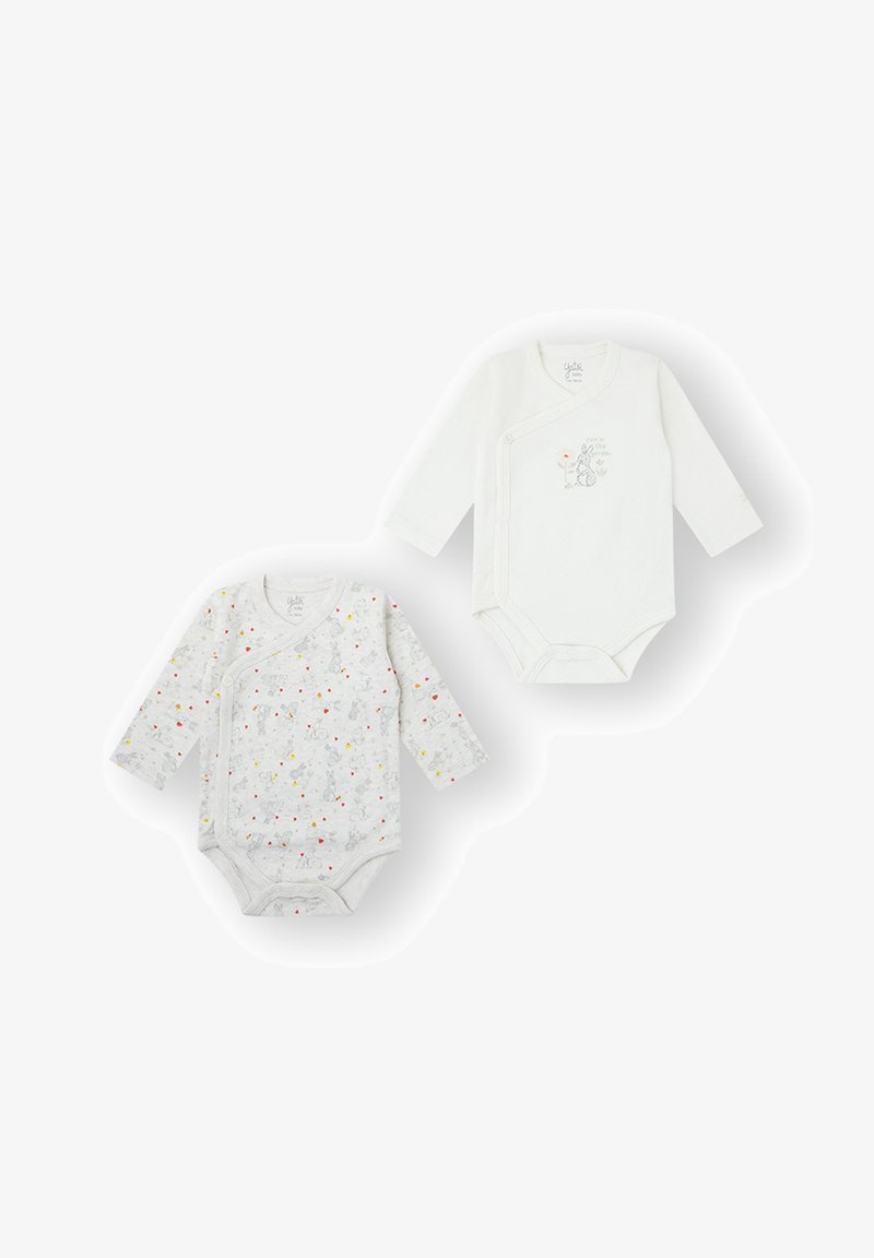 Dos bodies de manga larga: uno blanco con diseño de conejito y texto, otro gris con patrones divertidos y detalles coloridos. Material de algodón.