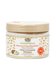 Clear plastic jar with a gold lid, labeled "Moisture Miracle," containing Moroccan clay and shea butter hair masque. Features floral patterns.