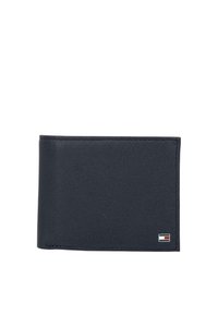 Portefeuille en cuir noir avec une finition texturée, design bifold et un petit logo accentué dans le coin. Forme simple et fonctionnelle.