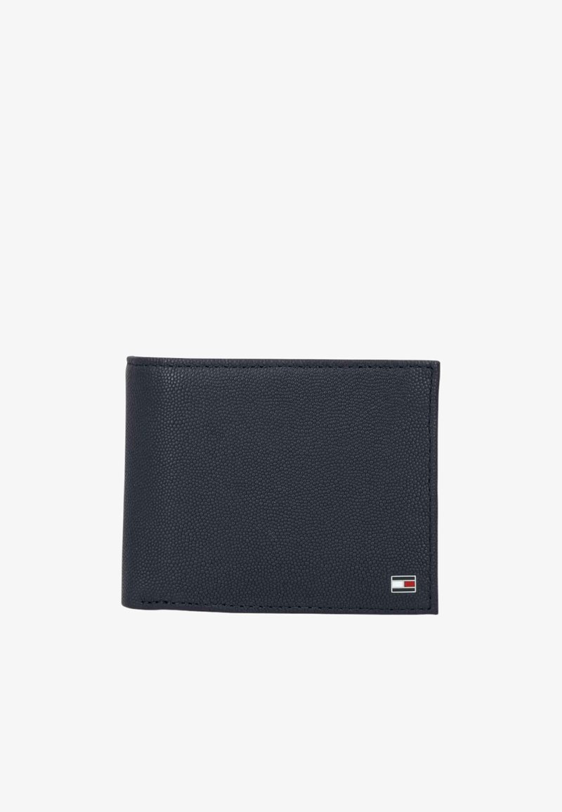 Black leather wallet with a textured finish, bi-fold design, and a small logo accent in the corner. Simple and functional shape.