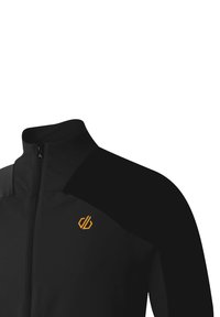 Black zip-up jacket with high collar, featuring orange logo on chest. Made from soft material, it has contrasting panels on shoulders.