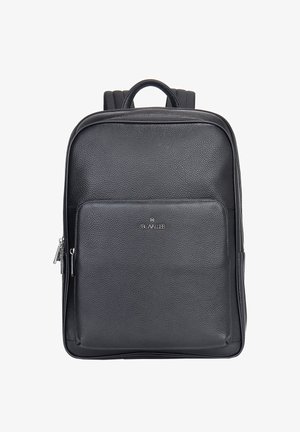 Schwarzer Leder-Rucksack mit strukturiertem Oberflächen, Reißverschluss-Fronttasche und Tragegriff oben. Verfügt über verstellbare Tragen und ein schlankes rechteckiges Design.