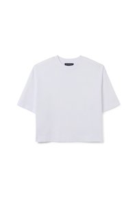 Witte gecropte T-shirt van katoen. Het heeft korte mouwen, een ronde halslijn en een minimalistisch ontwerp zonder patronen of versieringen.