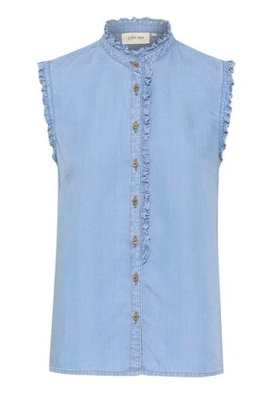 Cămașă fără mâneci, de culoare albastru deschis, confecționată din denim, având un guler înalt, margini volăndate și un închidere cu nasturi, cu nasturi decorative.