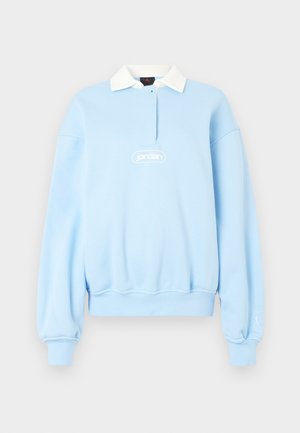 Svijetloplavi dukserica dugih rukava s bijelim ovratnikom, "jordan" logotipom na prsima i malim Jumpman logotipom na lijevom manžetu.