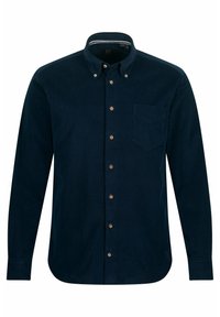 Camicia in corduroy blu navy con maniche lunghe, colletto button-down, taschino sul petto e bottoni in bronzo lungo il davanti; texture liscia.