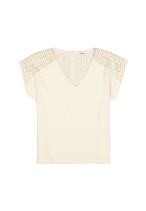 Cream-colored top with a V-neck and short sleeves, featuring intricate lace detailing on the shoulders and a back zipper closure.