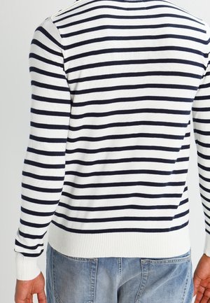 Rückenansicht einer Person, die einen weißen Langarmpullover mit horizontalen schwarzen Streifen und hellblauen Jeans trägt.