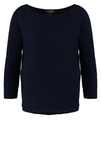 Námořnický modrý svetr s ribbovanou strukturou, širokým lodičkovým výstřihem a tříčtvrtečními rukávy. Hladká tkanina s volným střihem a jednotnou barvou.