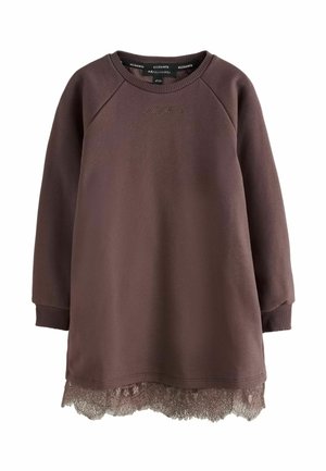 Brown long-sleeve dress with ribbed cuffs, embroidered logo on chest, and lace trim at the hem.
