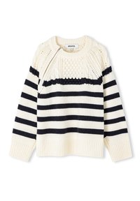 Maglione a righe in crema e blu navy, con yoke testurizzato, polsini e orlo a coste. Materiale in maglia morbida e spessa con vestibilità rilassata.