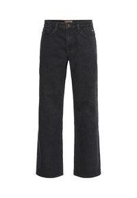 Jean denim noir à coupe droite avec poches avant et arrière, fermeture par bouton et passants de ceinture sur fond blanc.