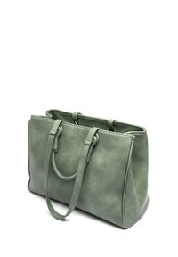 Vihreä nahkainen olkalaukku, jossa on kaksinkertaiset pääkahvat ja jämäkkä muotoilu. Raskas pinta, suorakaiteen muotoinen ja ilman näkyvää metalliosaa.