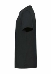 Zwarte T-shirt met korte mouwen van katoen, met een ronde hals, strakke lijnen en een rechte zoom. Geen zichtbare patronen of versieringen.