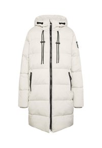 Weißer Pufferjacke mit Kapuze, ausgestattet mit einem Reißverschluss vorne, Zugbändern und schwarzen Akzenten. Das Design umfasst eine gesteppten Textur und seitliche Taschen.