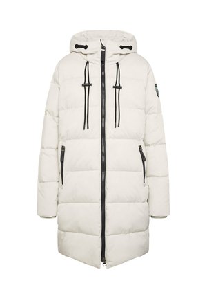 Weißer Pufferjacke mit Kapuze, ausgestattet mit einem Reißverschluss vorne, Zugbändern und schwarzen Akzenten. Das Design umfasst eine gesteppten Textur und seitliche Taschen.