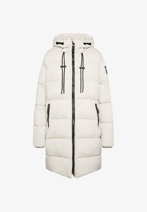 Weißer Pufferjacke mit Kapuze, ausgestattet mit einem Reißverschluss vorne, Zugbändern und schwarzen Akzenten. Das Design umfasst eine gesteppten Textur und seitliche Taschen.