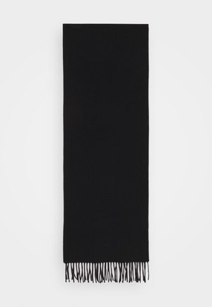 Svart skjerf laget av myk stoff, med rektangulær form og frynsete kanter, glatt tekstur og uten synlige mønstre eller detaljer.