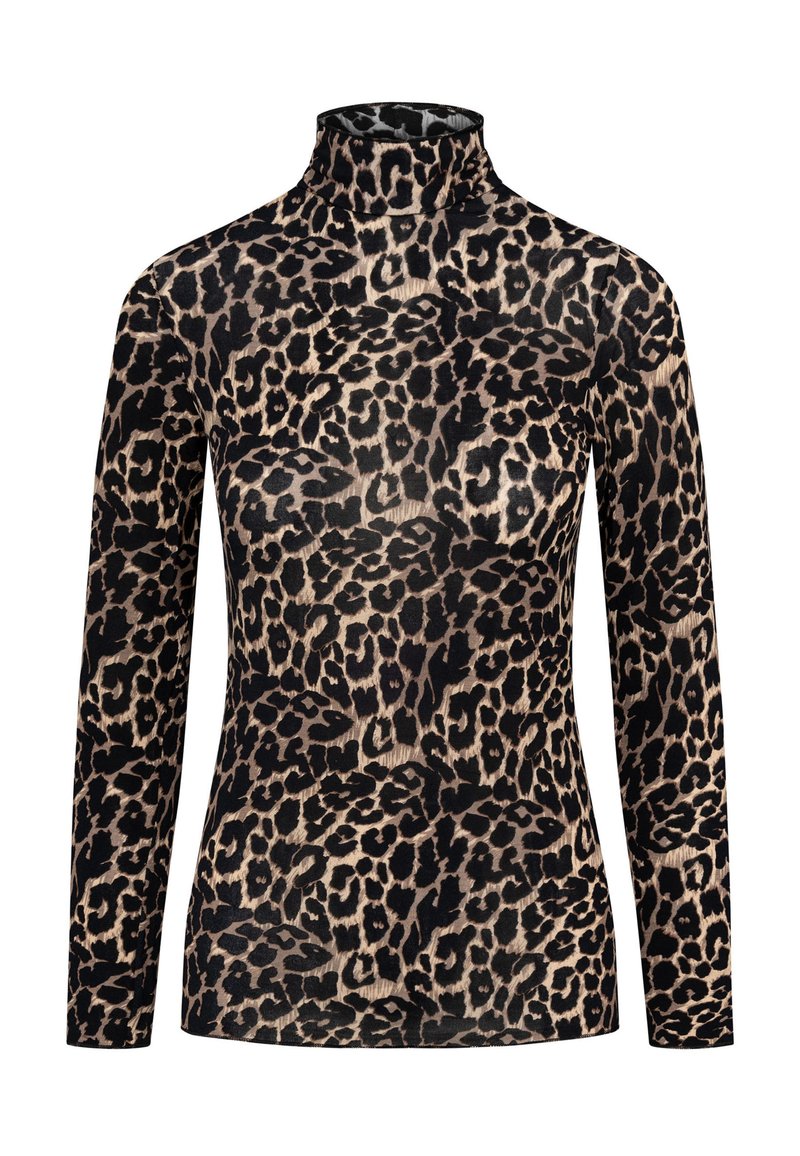 Leopardenmuster-Turtleneck-Oberteil mit langen Ärmeln, leichtem Stoff und tailliertem Design in Schwarz- und Beigetönen.