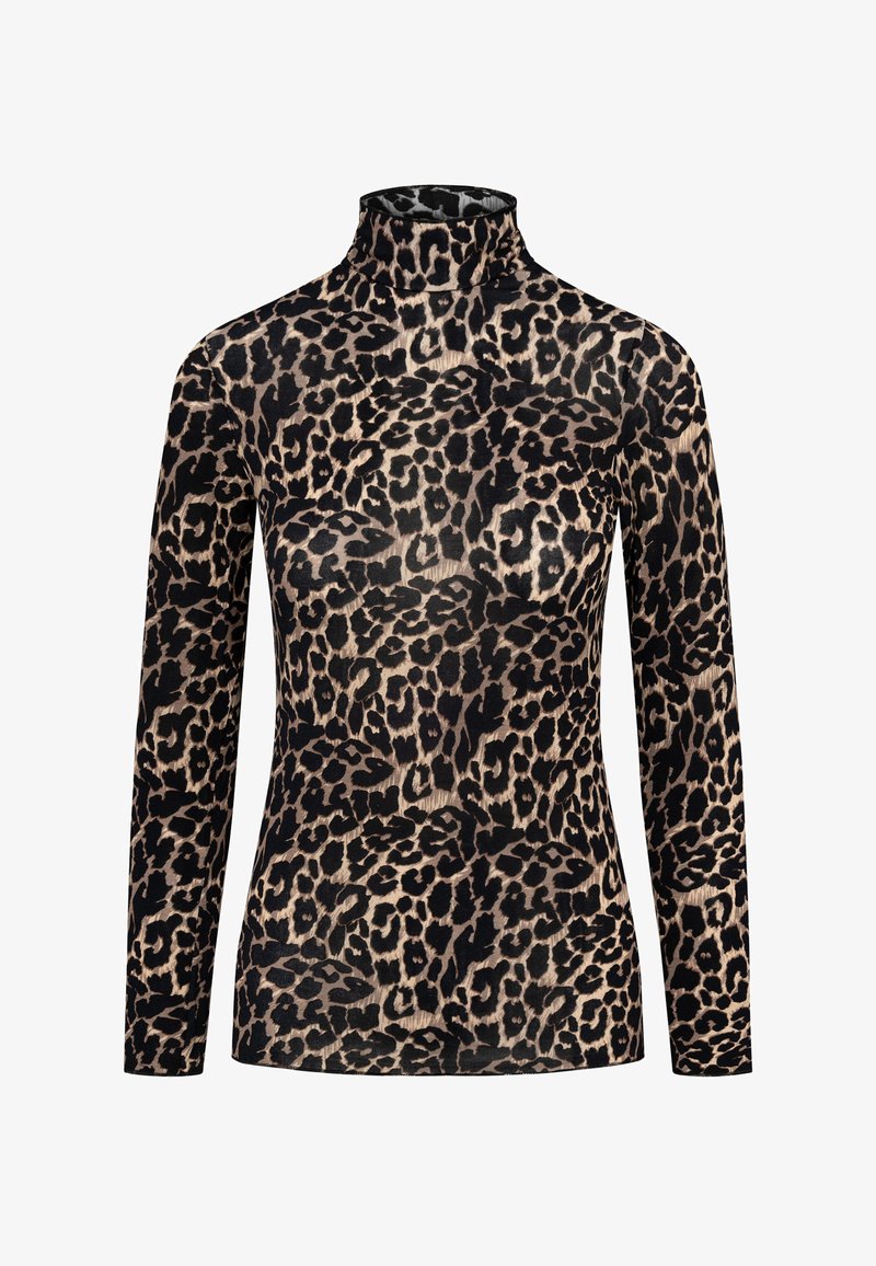 Leopardenmuster-Turtleneck-Oberteil mit langen Ärmeln, leichtem Stoff und tailliertem Design in Schwarz- und Beigetönen.