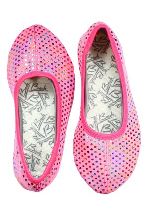 Rosa Stoff-Ballettschuhe mit mehrfarbigen metallischen Punkten, rundem Zehenbereich und elastischem Rand. Weiche Innenauskleidung mit bedrucktem Logo.
