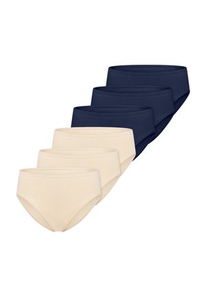 Fünf nahtlose Damen-Slips in Marineblau und Beige, abwechselnd angeordnet und diagonal überlappend.