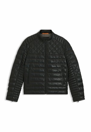 Black leather quilted jacket with a stand collar, zippered front, and two side pockets. Features textured diamond pattern on shoulders and sleeves.
